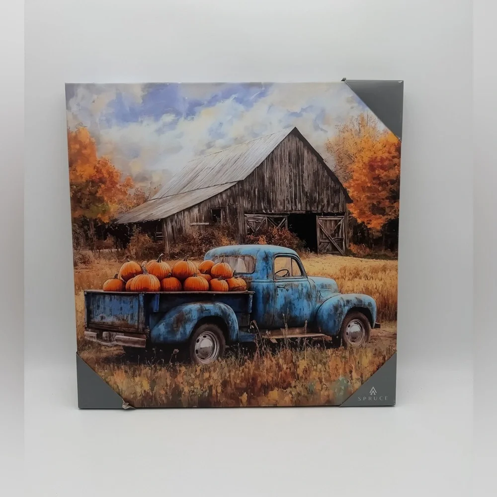 Farm House Rustic Blue Truck Wall Art with‎ Pumpkins Canvas 18x18